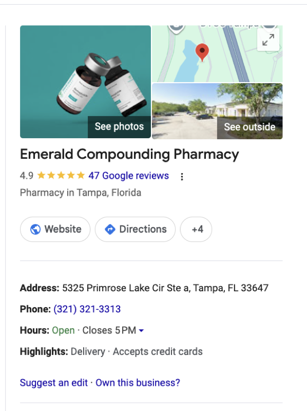 Google listing for Emerald Compounding Pharmacy: 4.9 stars, 47 reviews