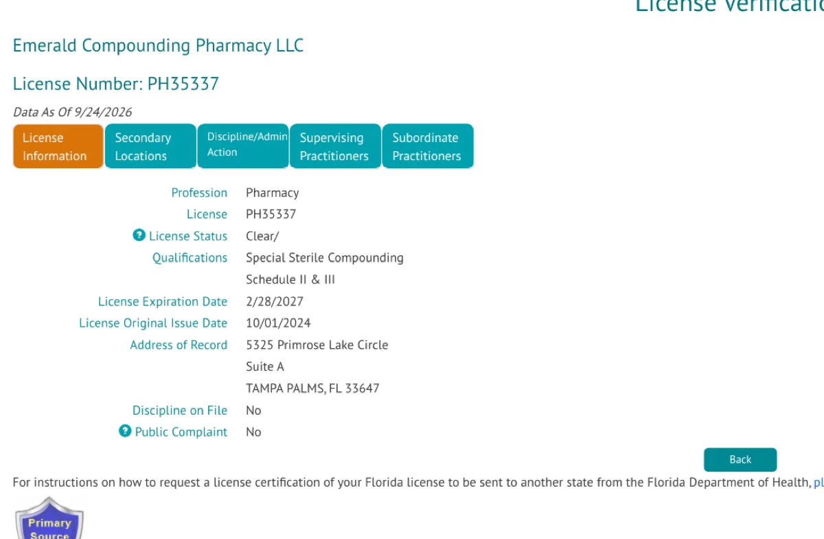 Florida Department of Health license verification for Emerald Compounding Pharmacy LLC, PH35337, status Clear, no discipline, no public complaint