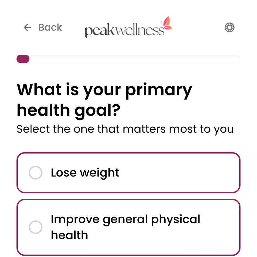 The first screen of Peak's online intake