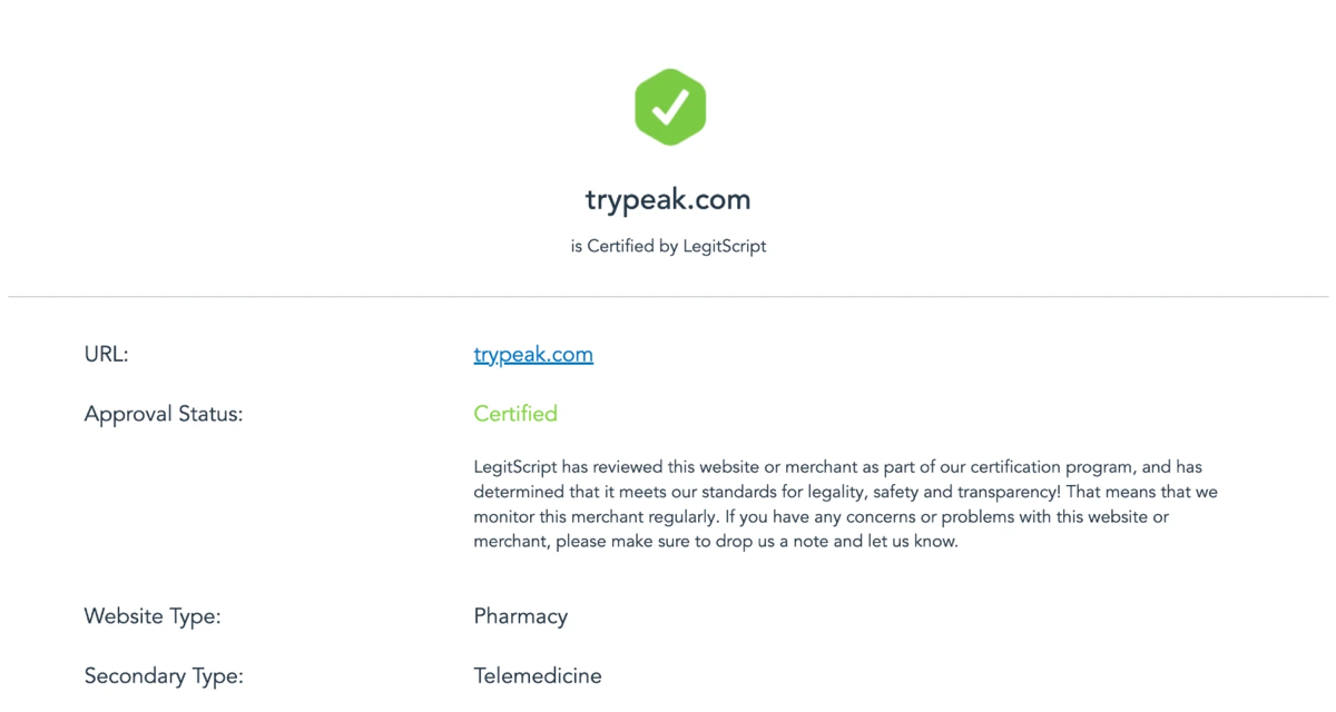 LegitScript lookup: trypeak.com is Certified by LegitScript