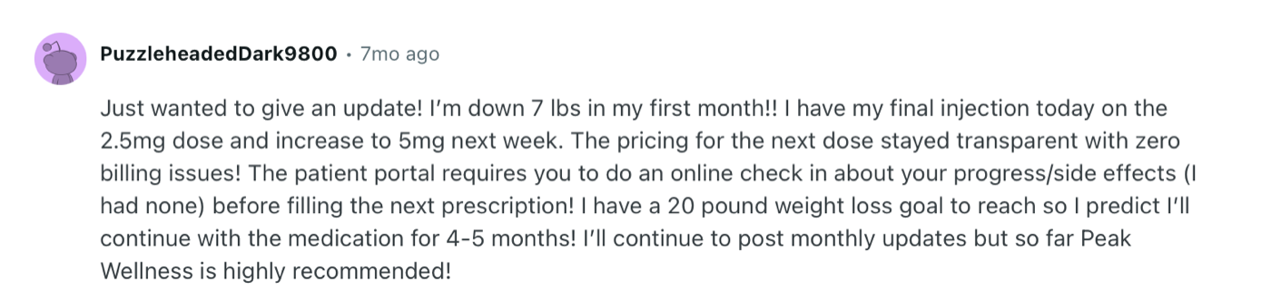 Customer post about Peak Wellness