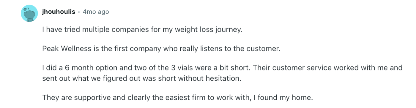 Customer post about Peak Wellness