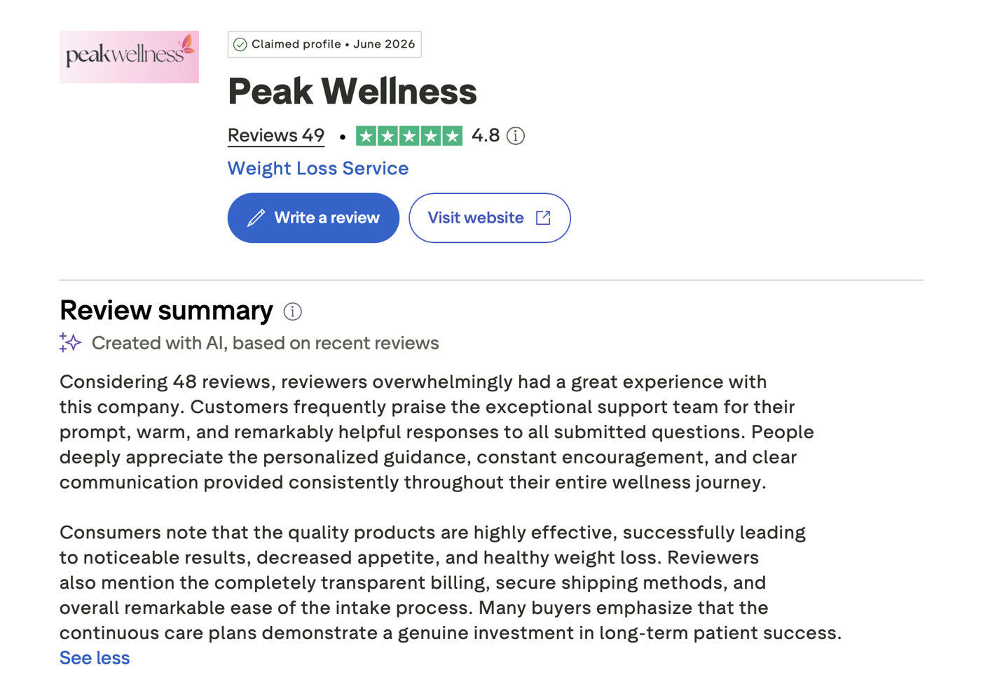 Peak Wellness on Trustpilot: claimed profile, 49 reviews, 4.8 rating