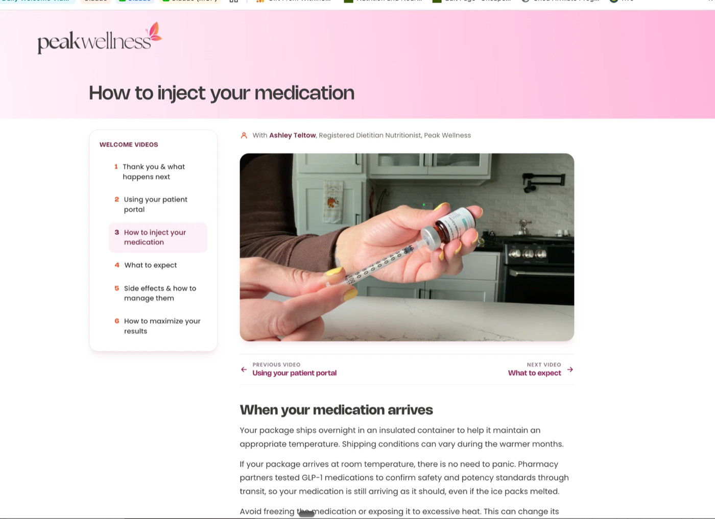 Peak Wellness patient portal: six-part welcome video series with a registered dietitian, showing the how-to-inject video and the six video titles